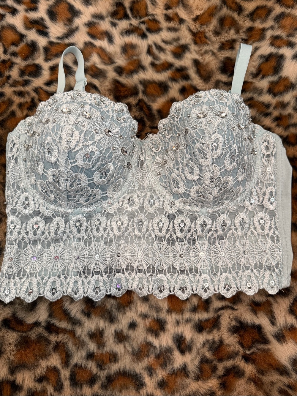 Windsor Light Gray bluish color Lace Longline Bra with Sequin Accents